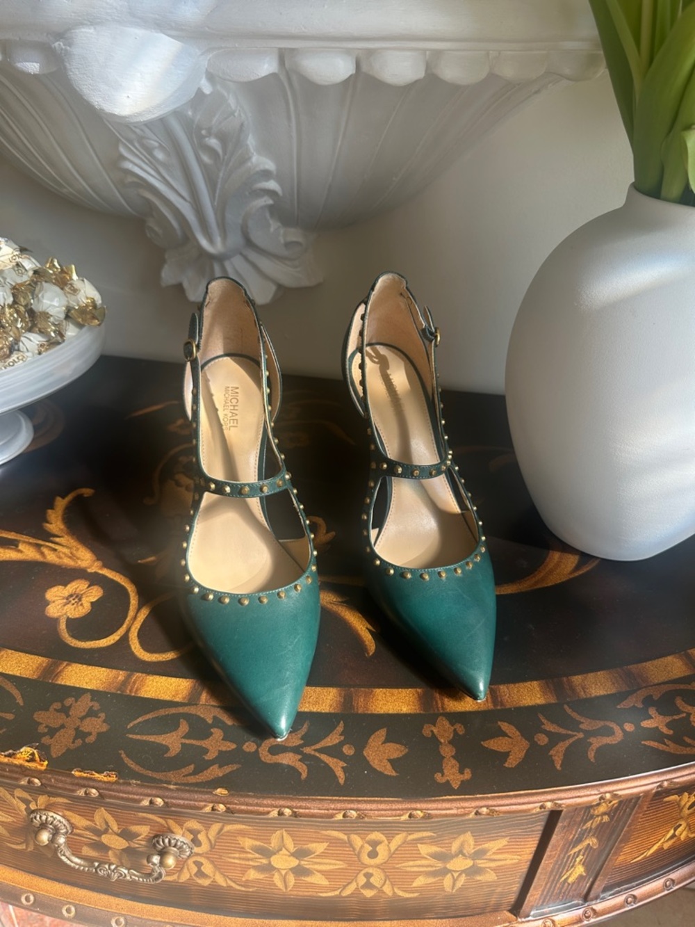 Michael Kors Teal Pointed-Toe Studded T-Strap Slingbacks